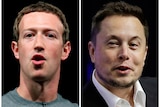 Portraits of Mark Zuckerberg and Elon Musk side by side