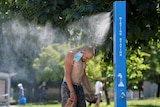 A shirtless man stands underneath a public misting fountain. 