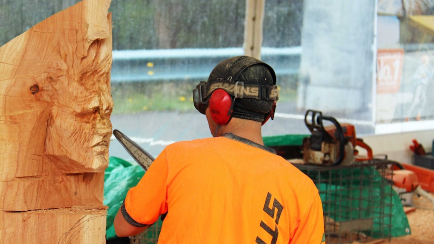 Contestant carves a sculpture at the Australian Chainsaw Carving Championships.