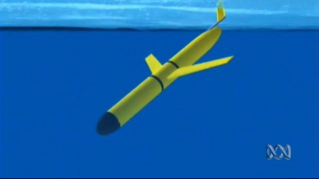 Computer image of submarine robot diving below sea surface