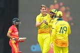 An Australian bowler smiles as he receives congratulations from teammates while a dismissed Zimbabwe batsman walks off.