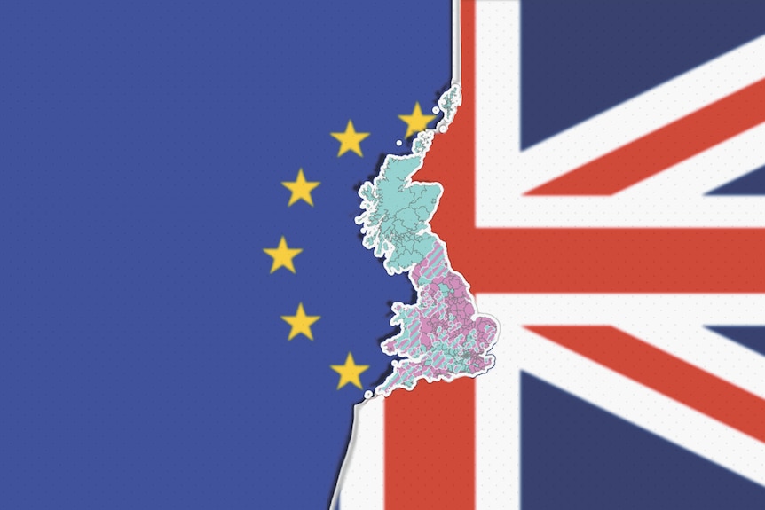 Map of Great Britain in front of torn union jack over eu flag