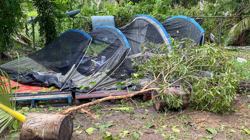A destroyed tent. 