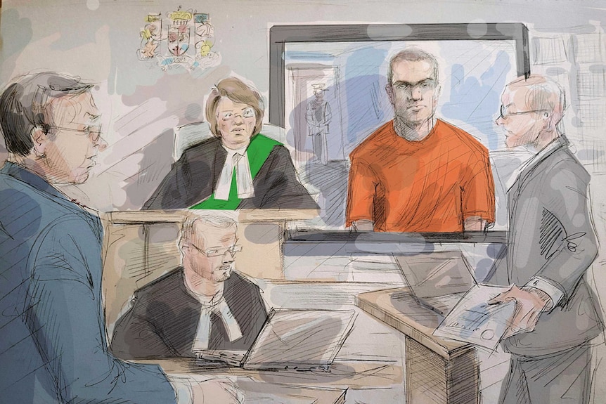 A courtroom sketch with Alek Minassian wearing an orange prisoner outfit second from right