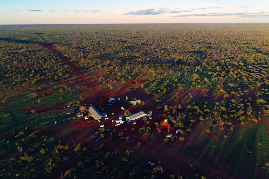 An aerial photograph of a homestead on a pastoral station.