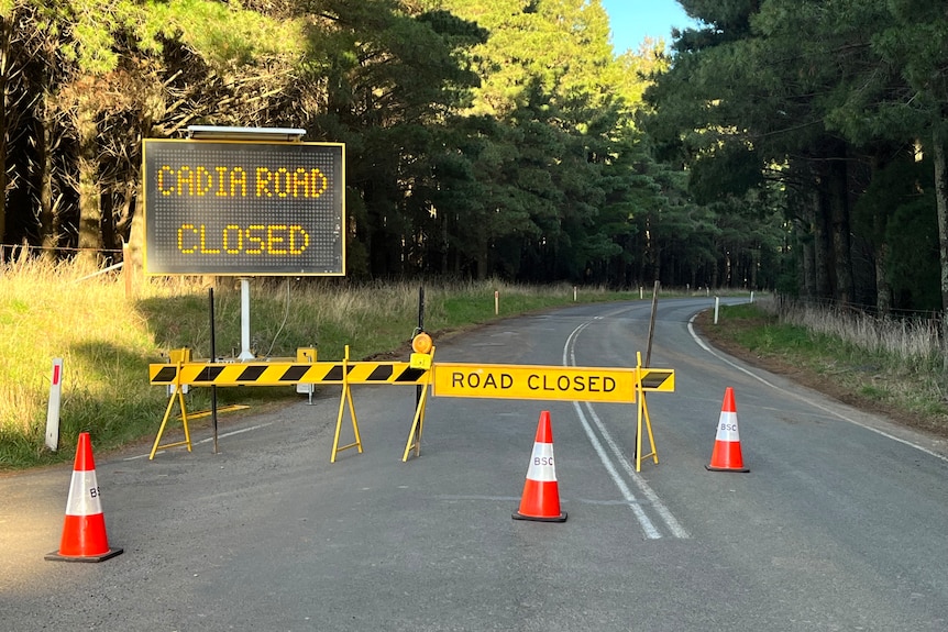 Road closed sign and road closed barriers across bitumen road 