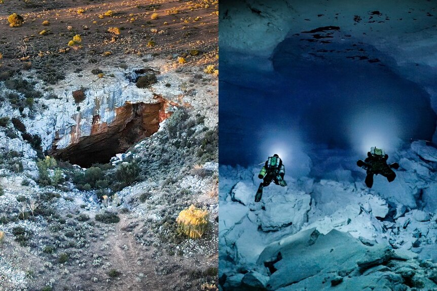 Composite image of a hole in the ground and two divers in an underwater cave.
