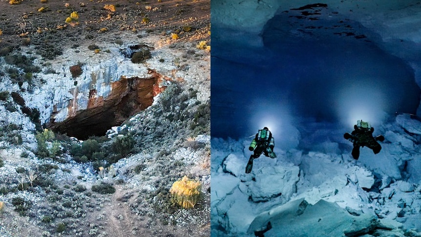 Composite image of a hole in the ground and two divers in an underwater cave.