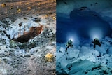 Composite image of a hole in the ground and two divers in an underwater cave.