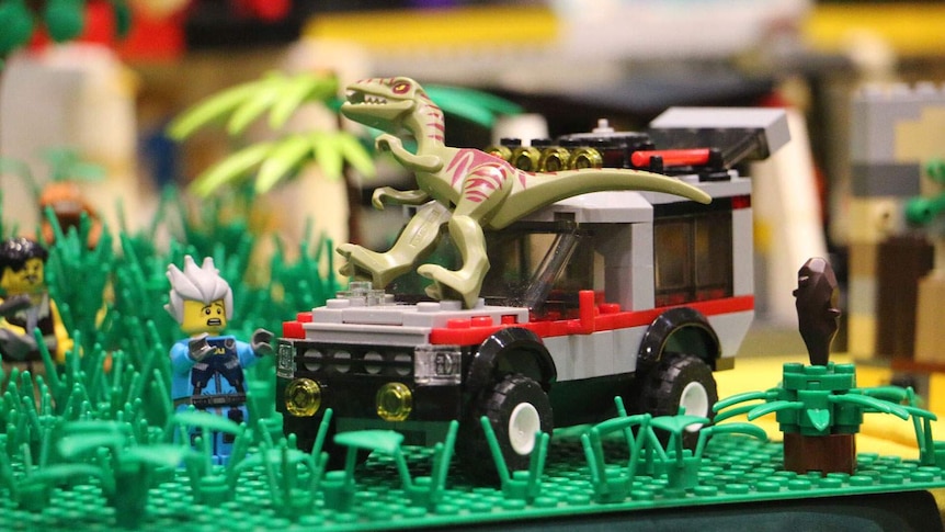 Movie Jurassic Park-inspired Lego set up at Brick Event at Lake Kawana Community Centre on Queensland's Sunshine Coast.