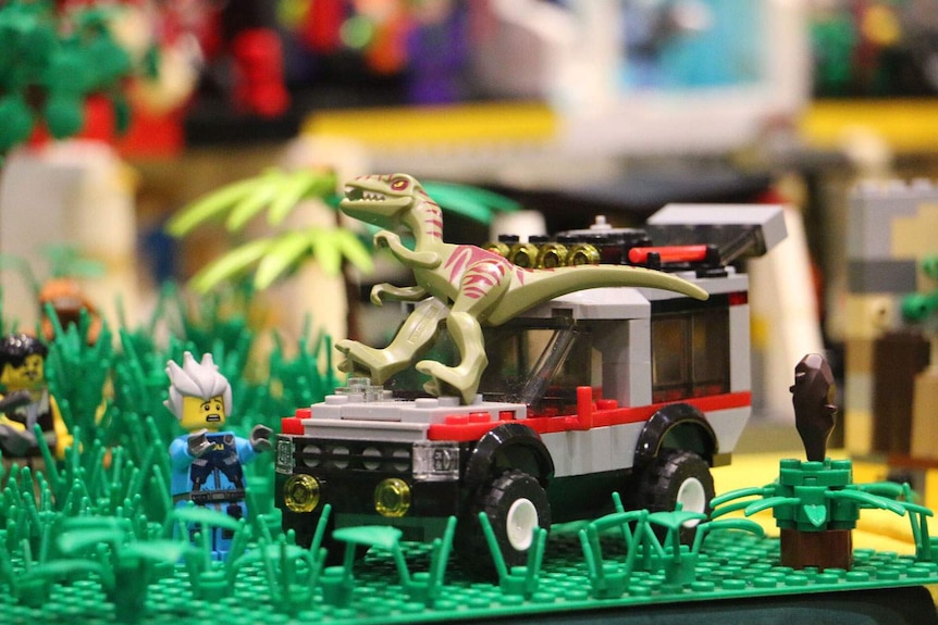 Movie Jurassic Park-inspired Lego set up at Brick Event at Lake Kawana Community Centre on Queensland's Sunshine Coast.