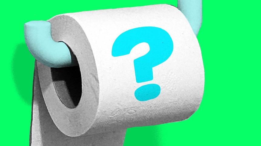 Illustration of toilet paper roll with a large blue question mark for a story about should you pee 'just in case'