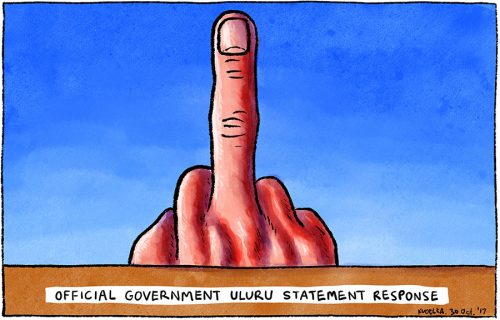 Una caricatura de Uluru como una formación rocosa con el gesto del dedo medio.