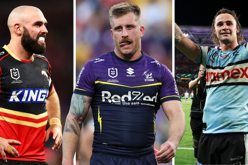 A composite image of NRL players Mark Nicholls, Cameron Munster and Nicho Hynes.
