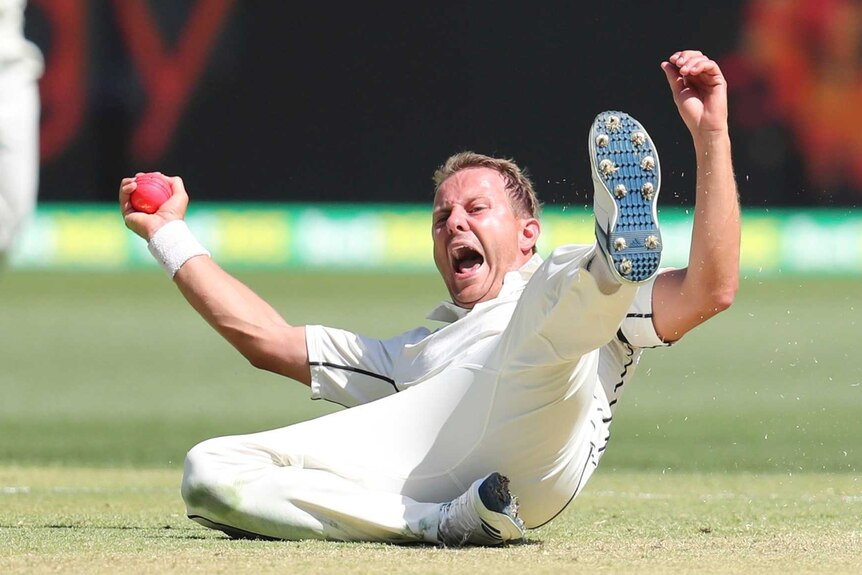 Neil Wagner celebrates while sprawled on the deck after taking a reflex return catch