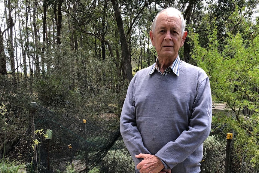 An older man with grey hair stands in a bushland setting.