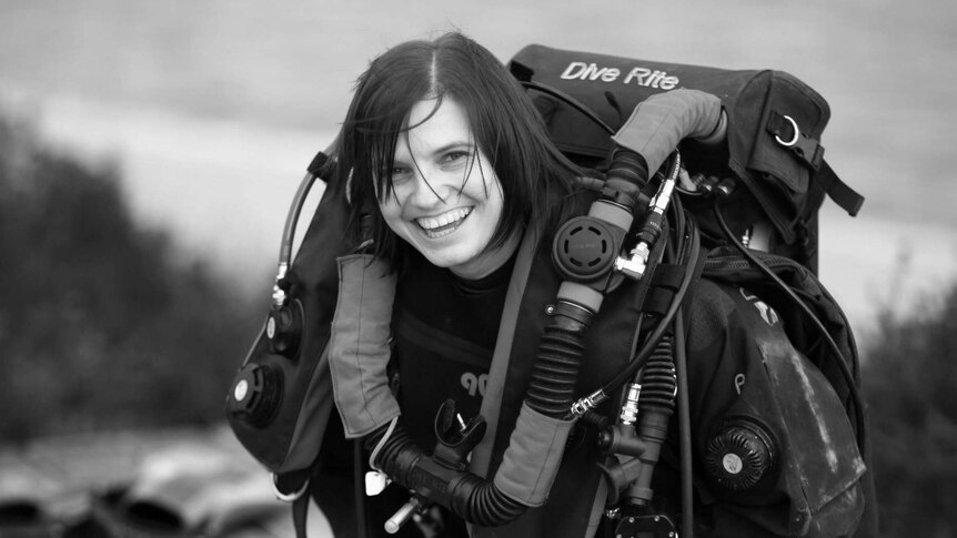 Black and white phot of cave diver Agnes Milowka.