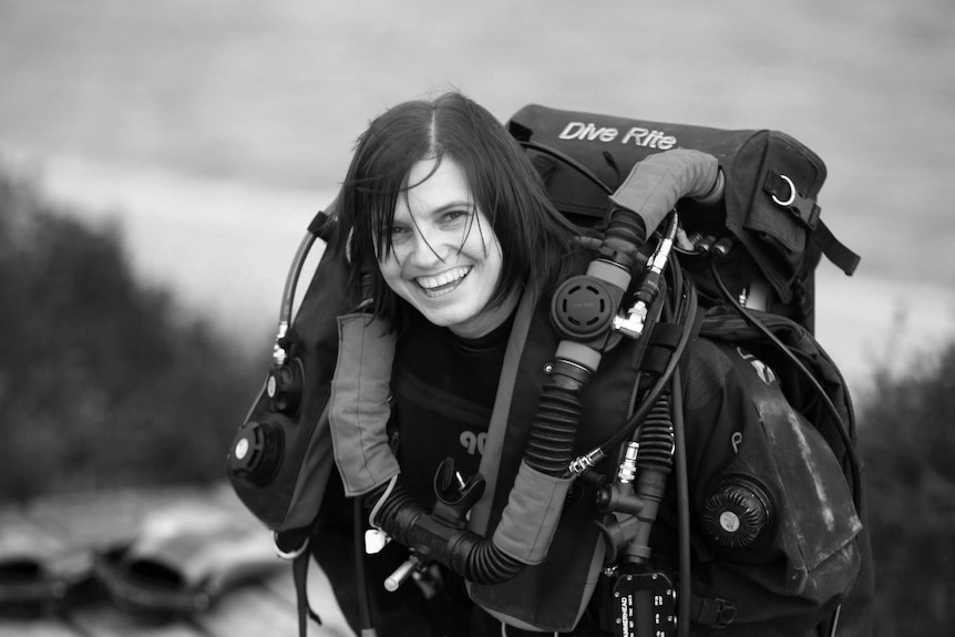 Black and white phot of cave diver Agnes Milowka.