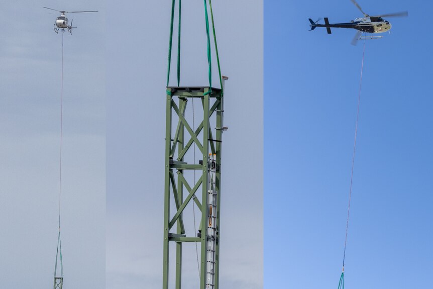 Composite three photos, helicopter lowering tower, close up tower with ropes lowering it, and helicopter lowering nest