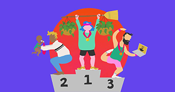 Drawing of three people on a winner's podium. One holds a baby, another a broom and two plants, the third a laptop.