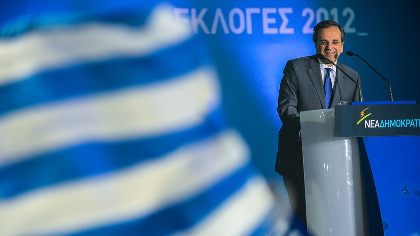 New Democracy party leader, Antonis Samaras, delivers a speech in front of the Greek parliament
