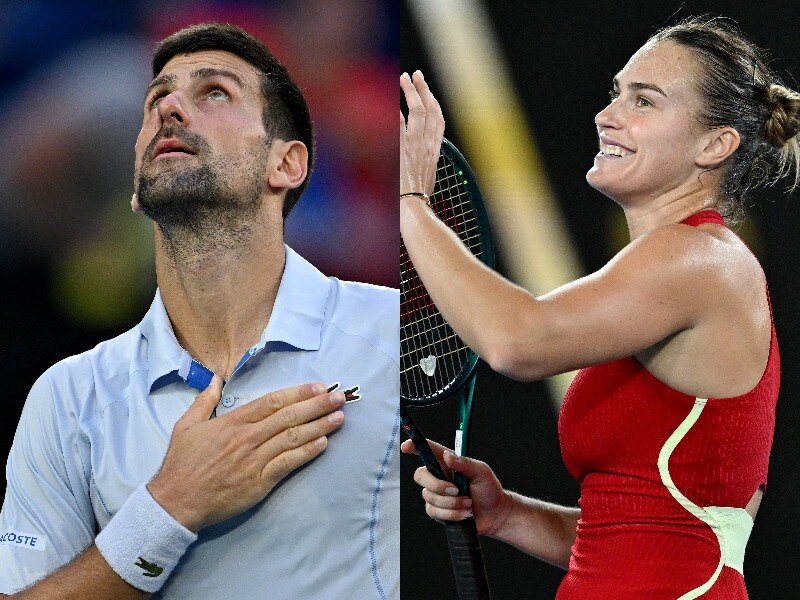 Composite image of male tennis player Novak Djokovic and female tennis player Aryna Sabalenka thanking the crowd