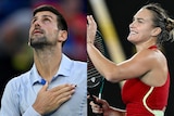 Composite image of male tennis player Novak Djokovic and female tennis player Aryna Sabalenka thanking the crowd