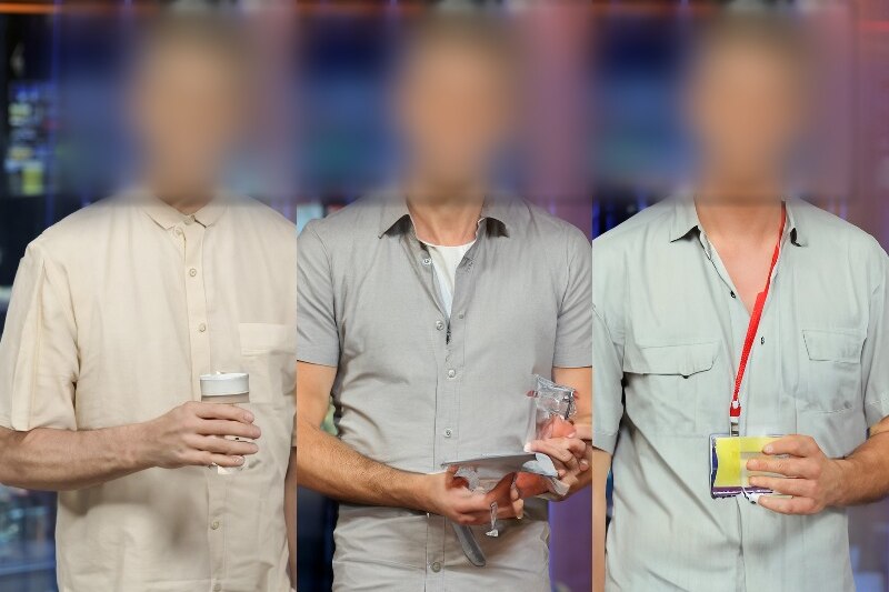 An AI-generated image of a man, with three alternative torsos. His face is blurred.