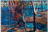 a blue and brown painting of trees and water