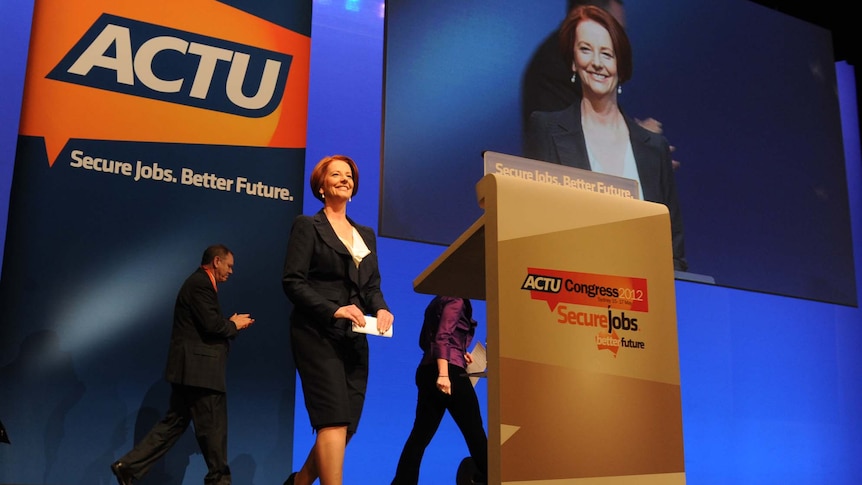 Julia Gillard addresses delegates during the ACTU Congress