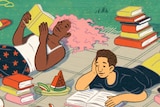 A colourful illustration of a Black woman with pink hair and a white man reading on a picnic rug, dog running by