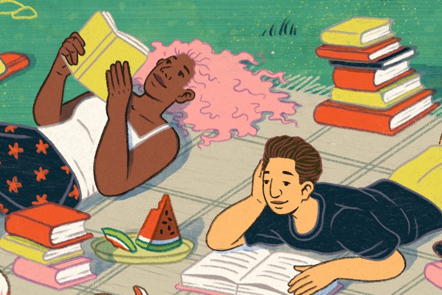 A colourful illustration of a Black woman with pink hair and a white man reading on a picnic rug, dog running by