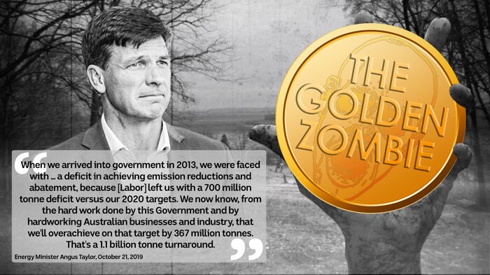 Angus Taylor on a spooky movie background with a quote. A hand holding a gold pendant labelled "The Golden Zombie" to his right.
