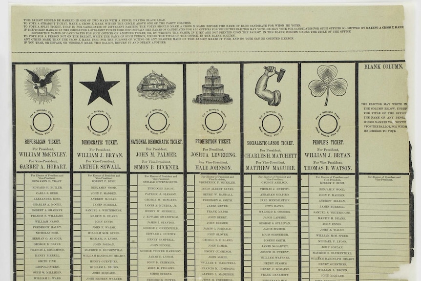 A printed 1890s election ballot with logos of each party at the top and a list of names below.