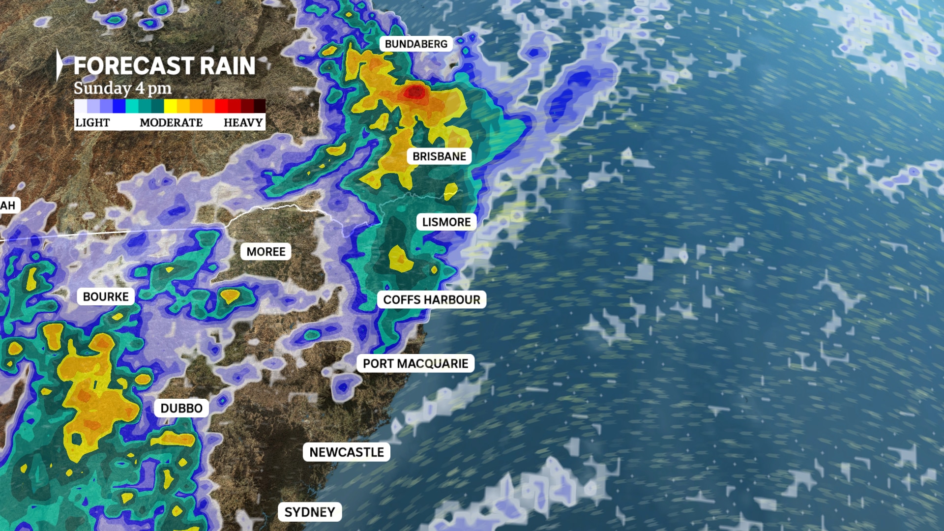 a weather map of nsw showing rain forecast for sunday 