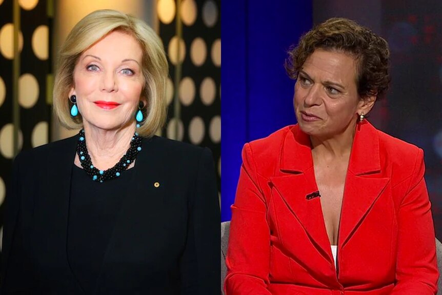 Side by side photos of Ita Buttrose in a black jacket and Michelle Rowland, wearing a red jacket on the set of Q+A