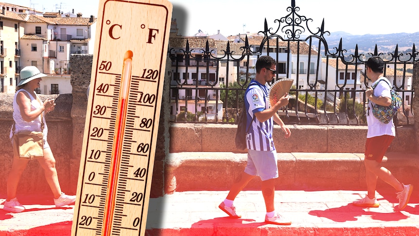 People walk along a European street fanning themselves in the heat, A thermometer with high temperature overlaid.
