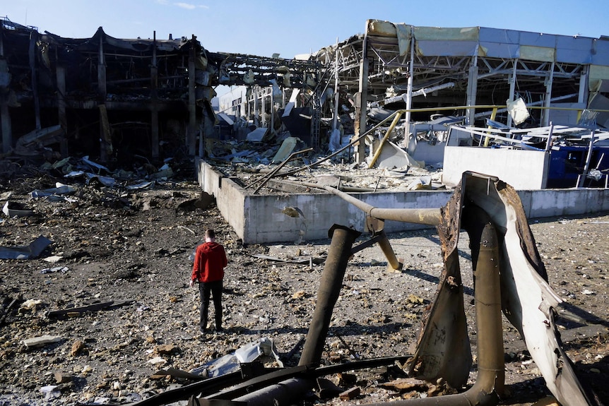 A site of a shopping centre destroyed by shelling