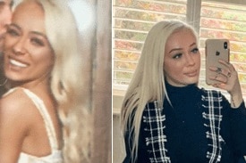 A composite image of two photos of a blonde woman.