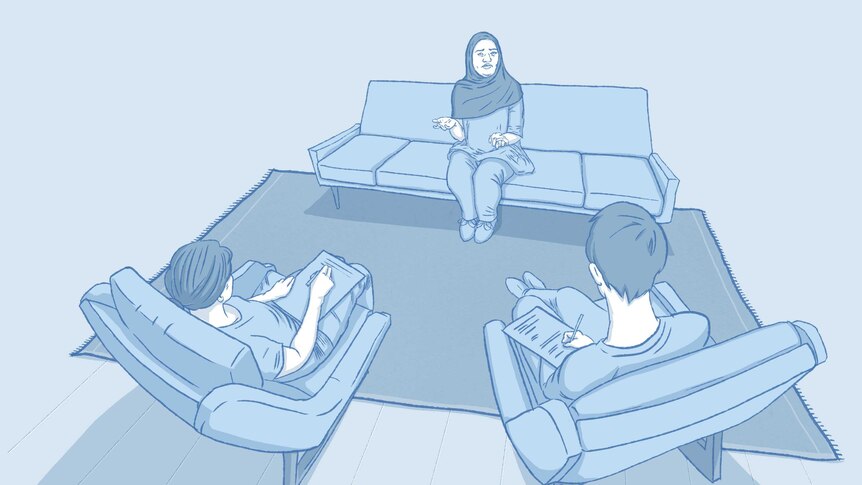 Illustration of a  woman in hijab sits on a couch, sitting across from two people holding notepads and bed sitting in chairs.