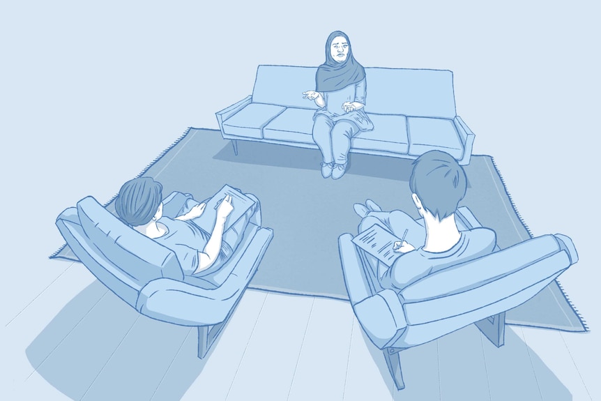 Illustration of a  woman in hijab sits on a couch, sitting across from two people holding notepads and bed sitting in chairs.