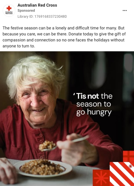 A screenshot of a Facebook sponsored post for Red Cross, with a photo of a grey-haired older woman smiling.