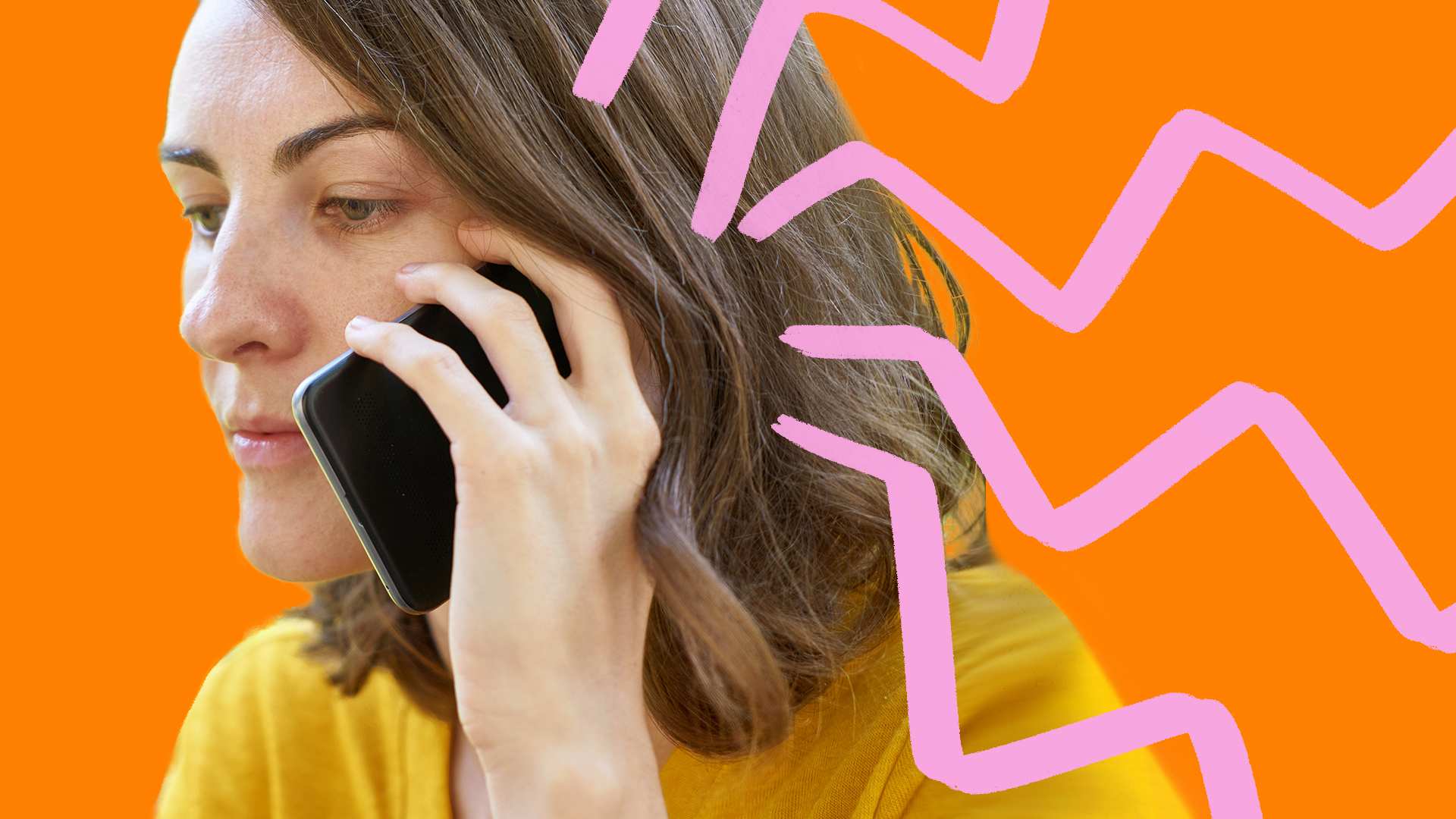 Woman speaking on phone with illustrated lightning bolts to depict why sisters often carry the mental load in the family.