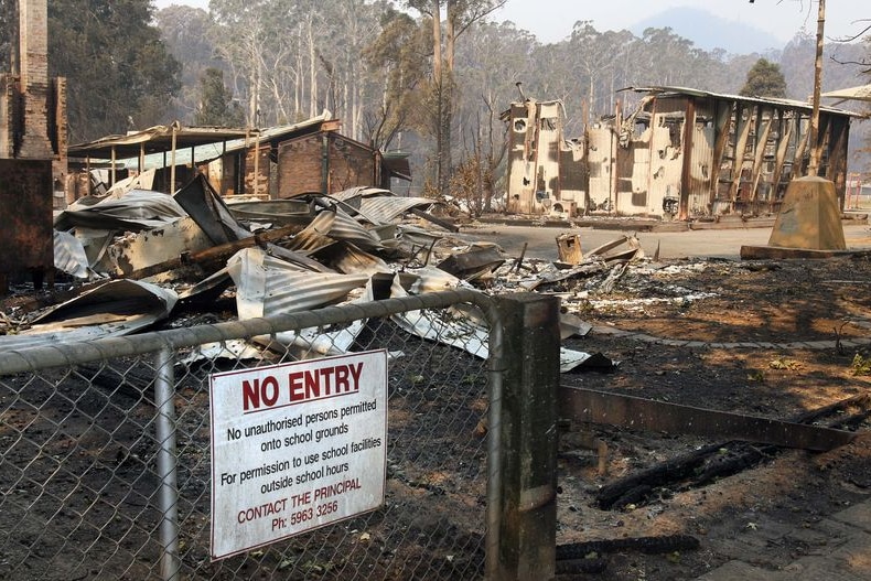 The Marysville primary school lies in ruins after bushfires that destroyed the town