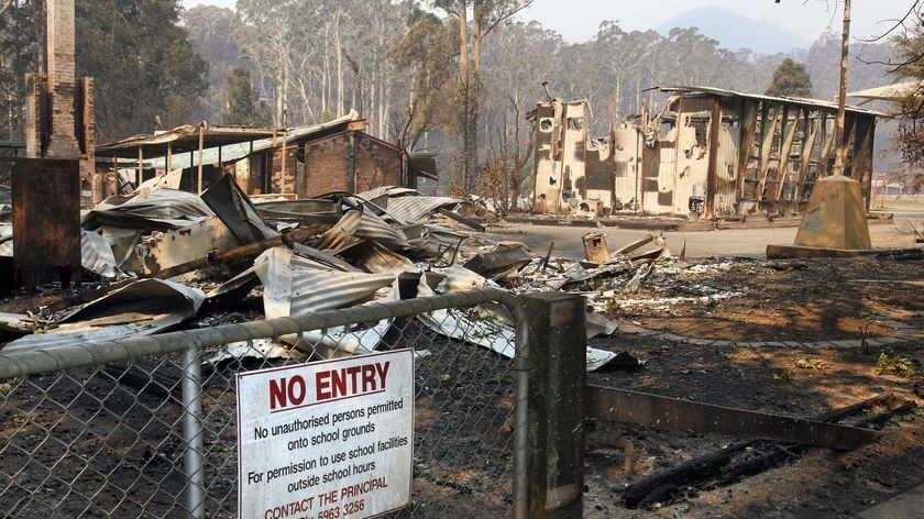 The Marysville primary school lies in ruins after the bushfires that destroyed the town.