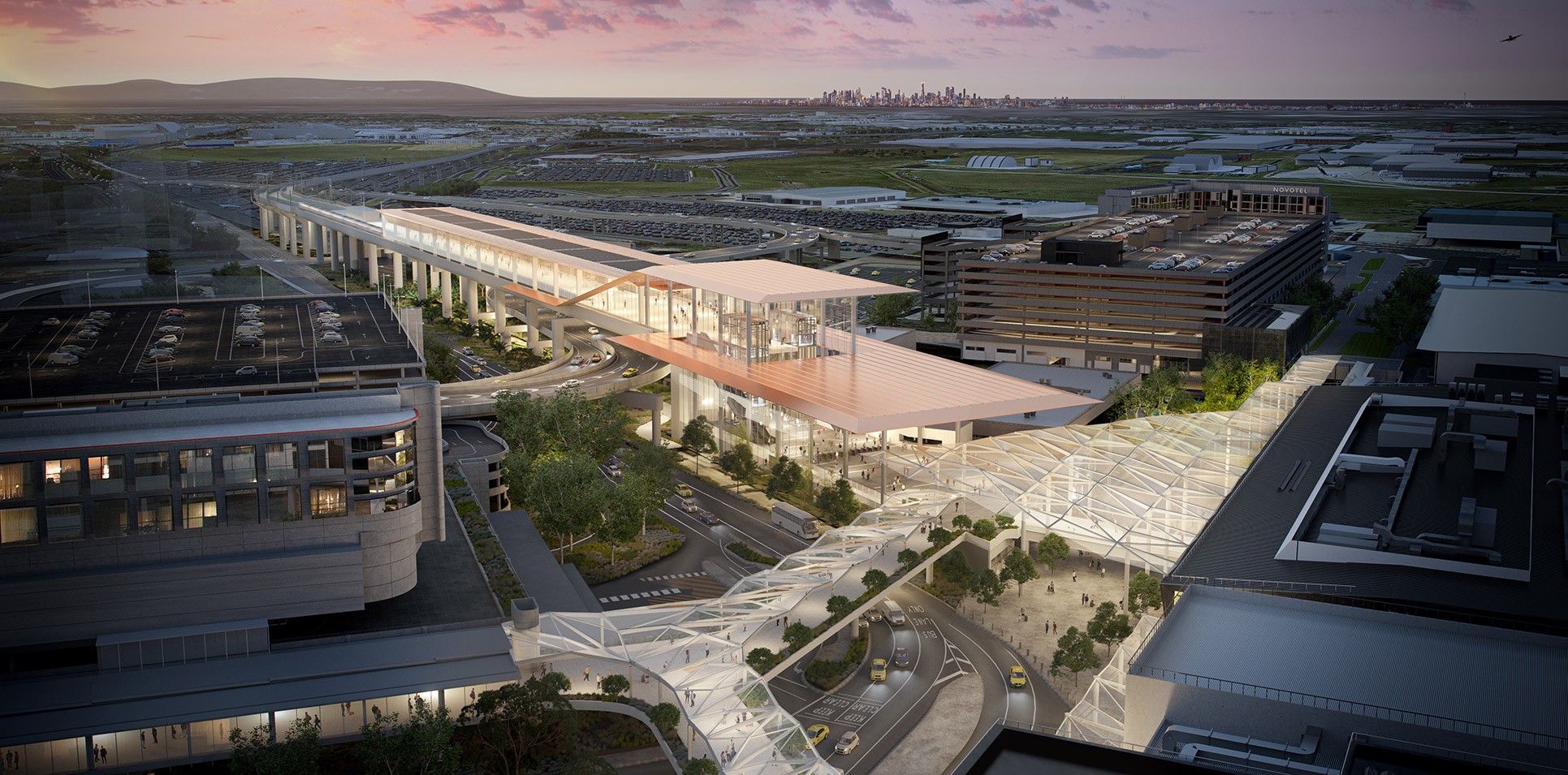 A digital render of a train station at Melbourne Airport.