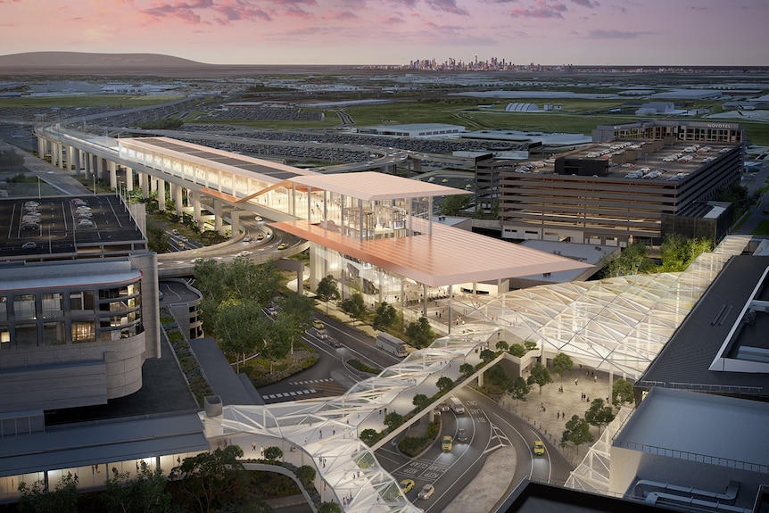 A digital render of a train station at Melbourne Airport.