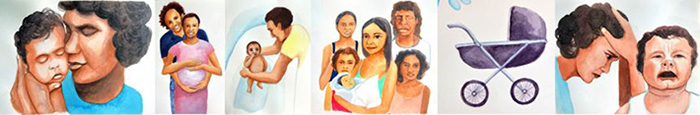 A row of paintings of Aboriginal women and families.