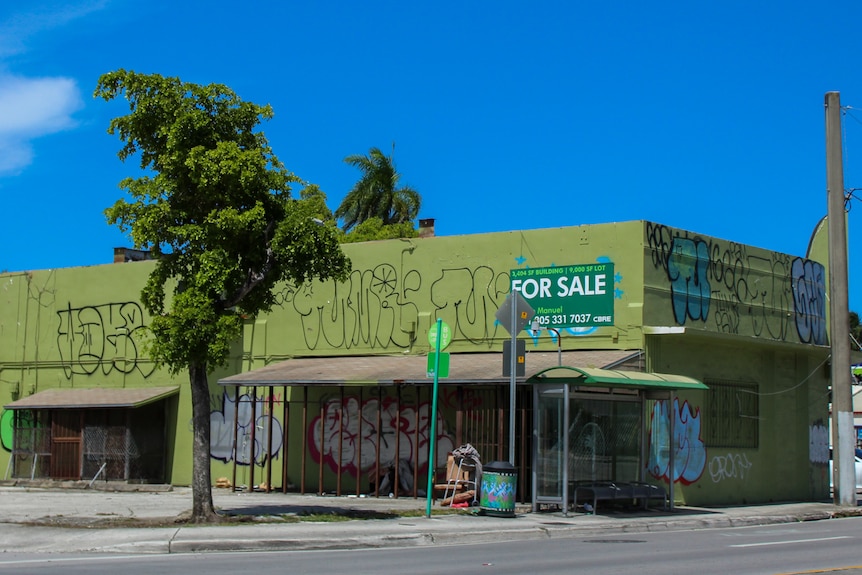 A green building covered in graffiti bears a 'for sale' sign