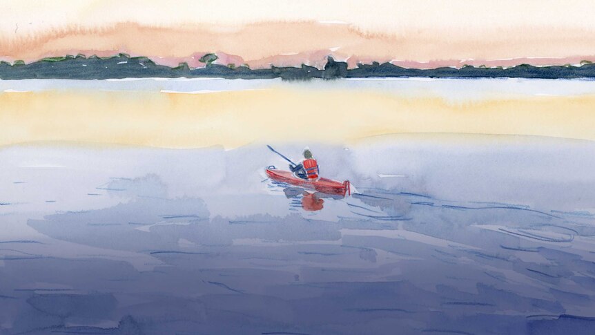 Illustration of a woman kayaking on a lake, surrounded by nature.